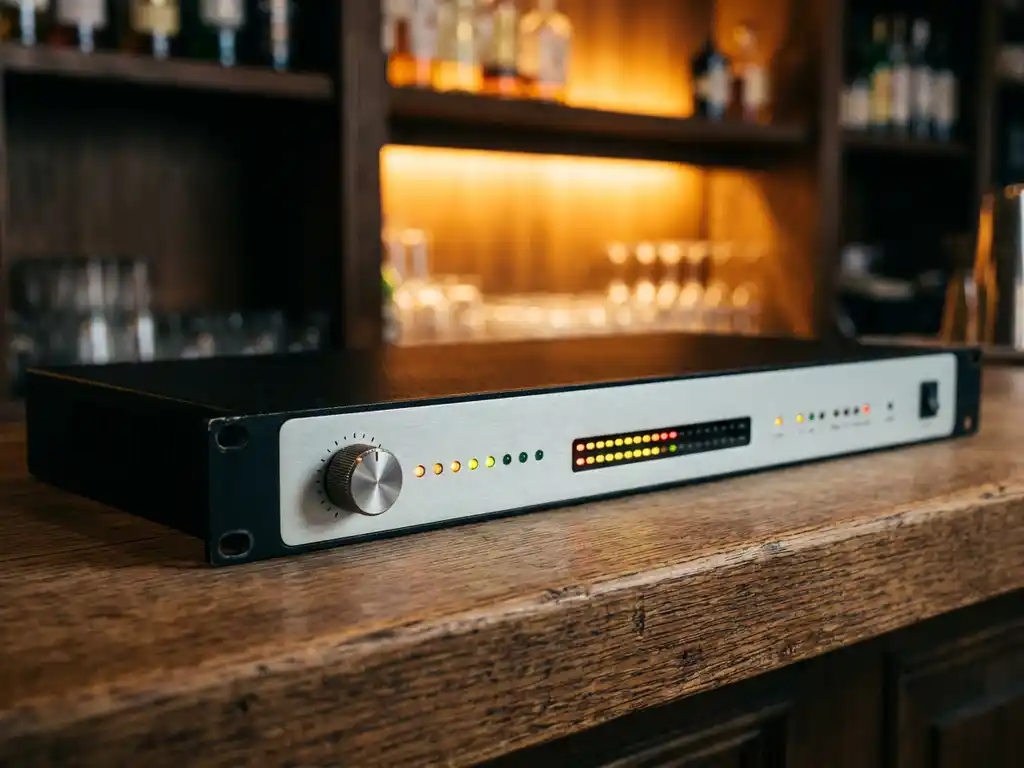 1U rack-mount audiolimiter met grote draaiknop en spectrum-analyzer, rustend op een verweerde eiken bardisk in een sfeervol café.