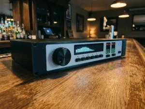 Zwarte 1U rack-mount audiolimiter met draaiknop, spectrumanalysator en LED-meters op een verweerd eikenhouten bardek.