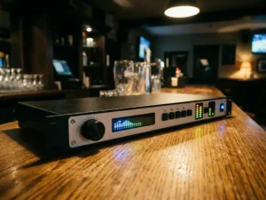 1U rack-mount audiolimiter met spectrum analyzer en LED-meters op een eikenhouten barkroonbalk in een sfeervol horecagebouw.