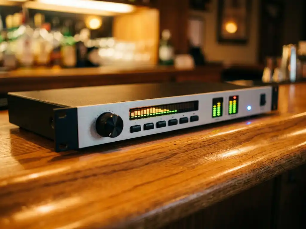 Zwarte 1U rack-mount audiolimiter met spectrumanalyserdisplay en LED-meters op een eikenhouten bartafel in warm sfeerverlichting.