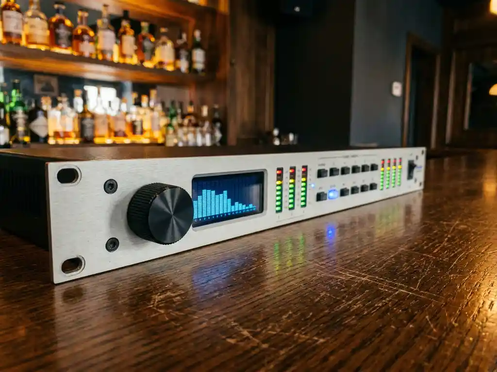 1U rack-mount audiolimiter met spectrum analyzer en LED-meters op een verweerde eiken bartoonbank in een sfeervol horecagebouw.