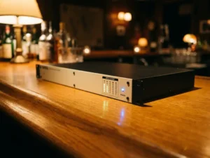 1U rack-mount audiolimiter met blauw LED-display op warm eiken oppervlak in een sfeervol verlichte bar.
