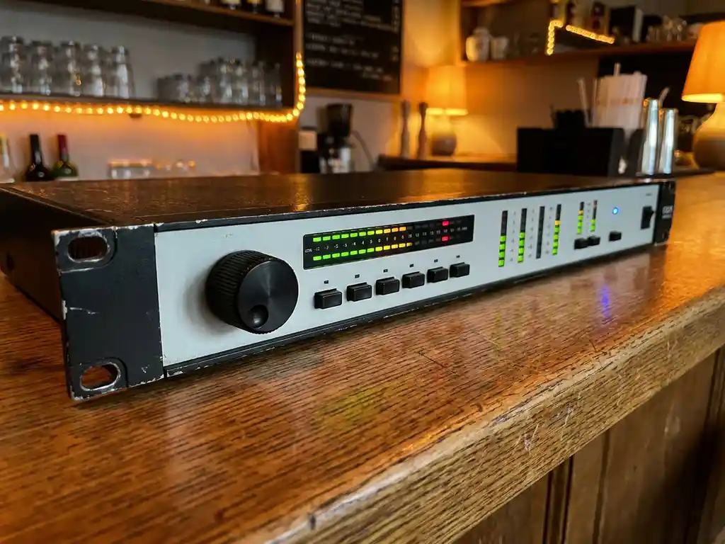 Zwarte 1U rack-mount audio limiter met spectrumdisplay en LED-meters op een verweerde eiken bartafel in een sfeervol café.