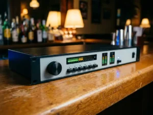 Zwarte 1U rack-mount audio limiter met LED-meters en spectrum analyzer, rustend op een eiken bardek in een sfeervol verlicht café.