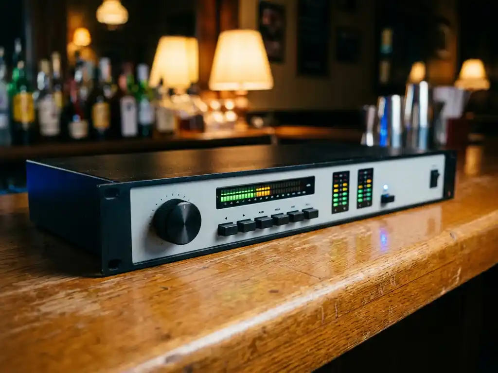 Zwarte 1U rack-mount audio limiter met LED-meters en spectrum analyzer, rustend op een eiken bardek in een sfeervol verlicht café.
