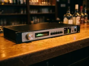 Zwarte 1U rack-mount audiolimiter op een versleten eikenhouten barkruk in een Hollands café, met roterende knop, spectrum-analyzer en LED-meters.