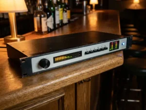 1U rack-mount audiolimiter met zwart front, grote regelknop, spectrumanalyzer en LED-meters op een eiken houten oppervlak in een bar.