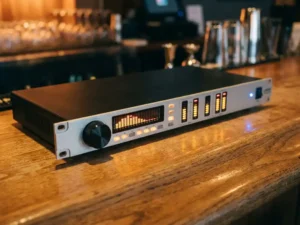 Zwarte 1U rack-mount audio limiter met spectrum analyzer, roterende knop en LED-meters op een eiken bartafel in sfeervol licht.