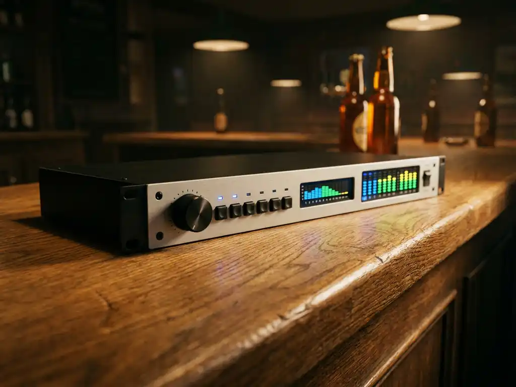 Zwarte 1U rack-mount audio limiter met blauwe LED-indicators en spectrumanalyzer, rustend op een eiken houten oppervlak in een bar.