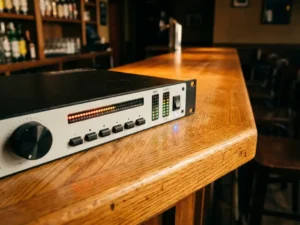 1U rack-mount audiolimiter met spectrum analyzer, roterende knop en LED-meters op een eikenhouten tafel in een bar.
