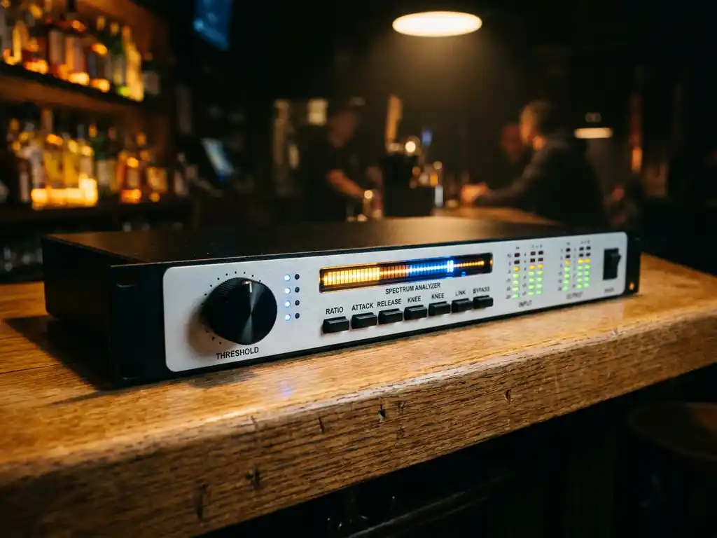 1U rack-mount audiolimiter met zwart front, blauwe indicatielampjes en LED-meters op een eikenhouten oppervlak in een bar.