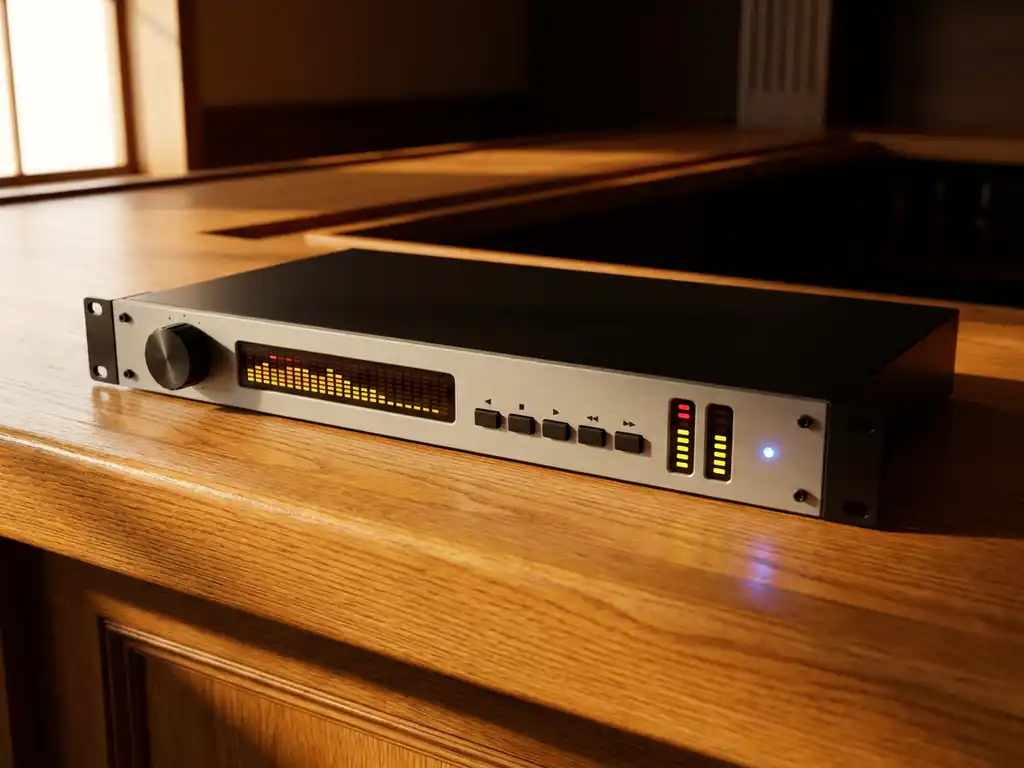 Zwarte 1U rack-mount audio limiter met roterende knop, spectrumanalyzer en blauwe LED op een warme eiken ondergrond in een bar.