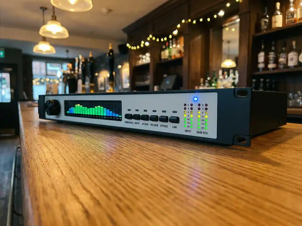 1U rack-mount audio limiter met spectrumanalyzer en blauwe LED op een eikenhouten bardek, sfeervol pubverlichting.