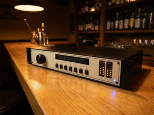 1U rack-mount audiolimiter met draaiknop, spectrumanalyserdisplay en LED-meters op een eiken houten oppervlak in een bar.