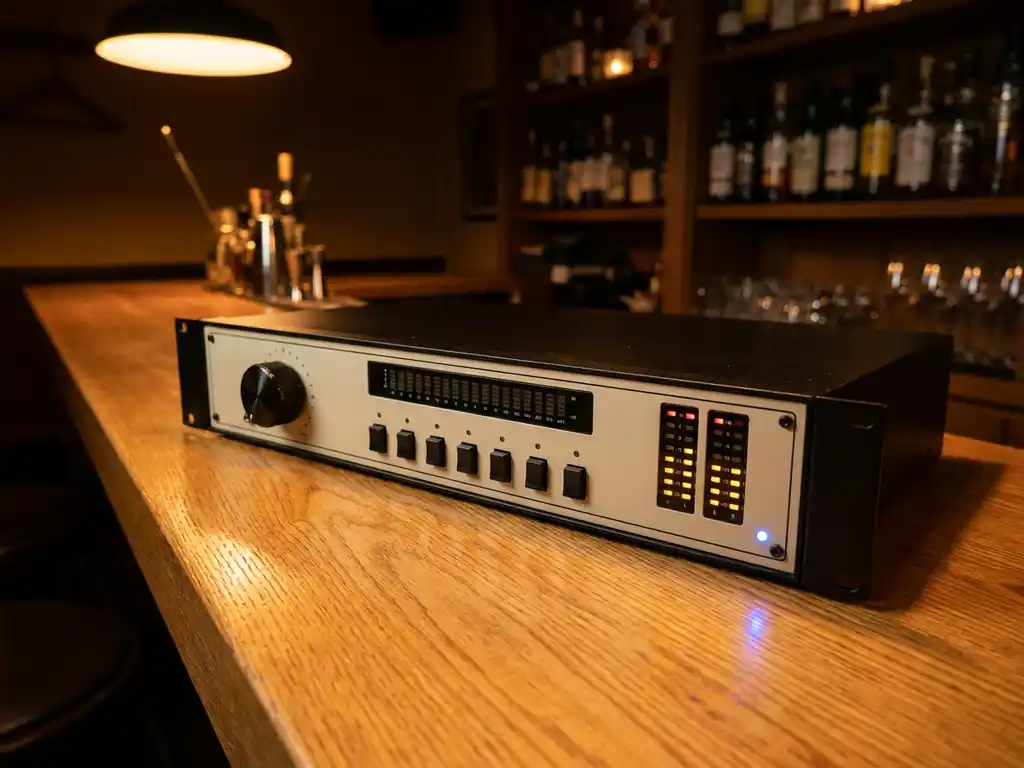 1U rack-mount audiolimiter met draaiknop, spectrumanalyserdisplay en LED-meters op een eiken houten oppervlak in een bar.