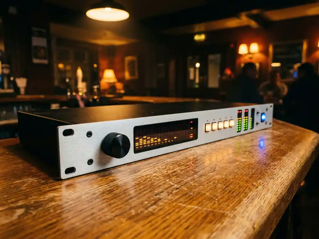 1U rack-mount audiolimiter met spectrumanalyzer en LED-meters op een verweerd eiken bardek in een sfeervol verlichte venue.