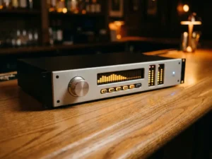 Zwarte 1U rack-mount audio limiter met roterende knop, spectrumanalyzer en LED-meters op een eikenhouten tafel in een bar.