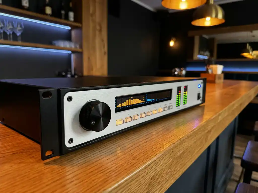1U rack-mount audio limiter op een eiken bartafel in een restaurant, met draaiknop, spectrumanalyzer en blauwe LED-indicator.