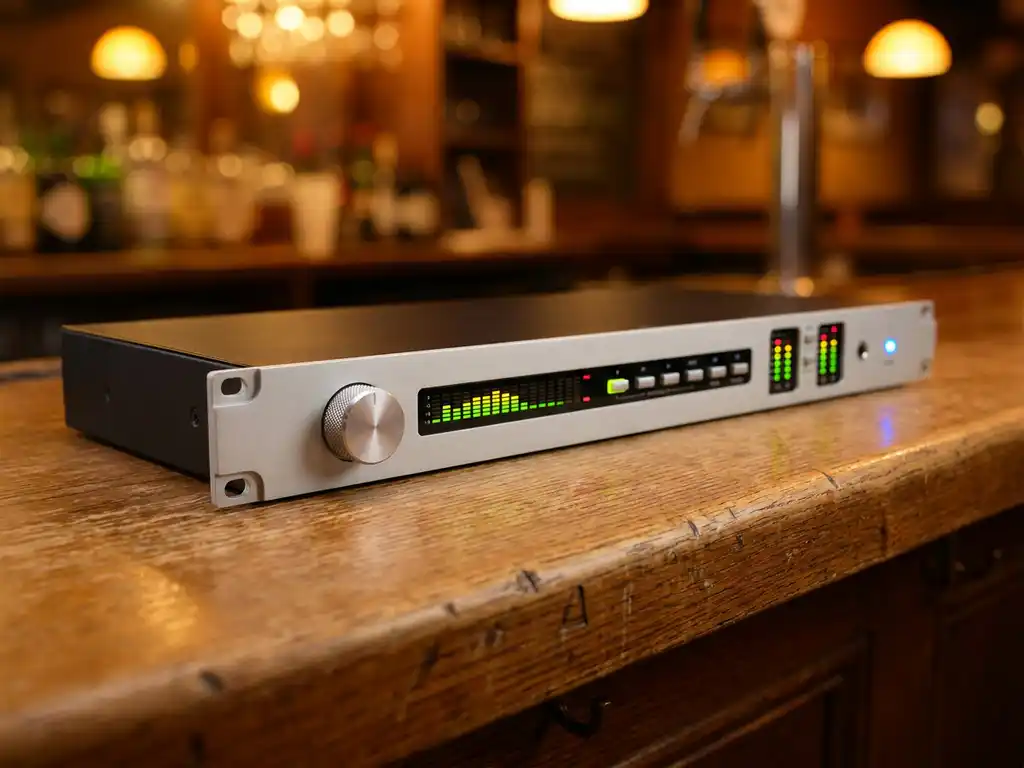 Zwarte 1U rack-mount audio limiter met spectrum analyzer, draaiknop en LED-meters op een eiken bardek in sfeervolle pubverlichting.