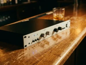 1U rack-mount audiolimiter met lichtgrijs frontpaneel op een eiken bardek, blauwe LED-indicatoren en whiskeyglas op de achtergrond.