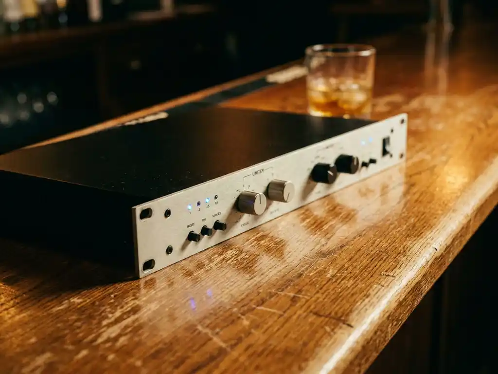 1U rack-mount audiolimiter met lichtgrijs frontpaneel op een eiken bardek, blauwe LED-indicatoren en whiskeyglas op de achtergrond.