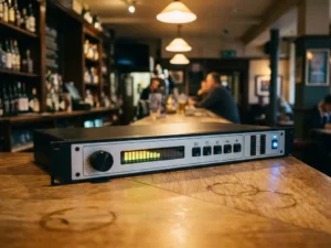 1U rack-mount audiolimiter met draaiknop, spectrumanalyzer en LED-meters op een eikenhouten bardek in een pub.