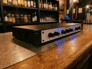 1U rack-mount audiolimiter op een verweerde eiken bardisk, verlicht door warm amberkleurig publicht met zachtblauwe LED-indicatoren.