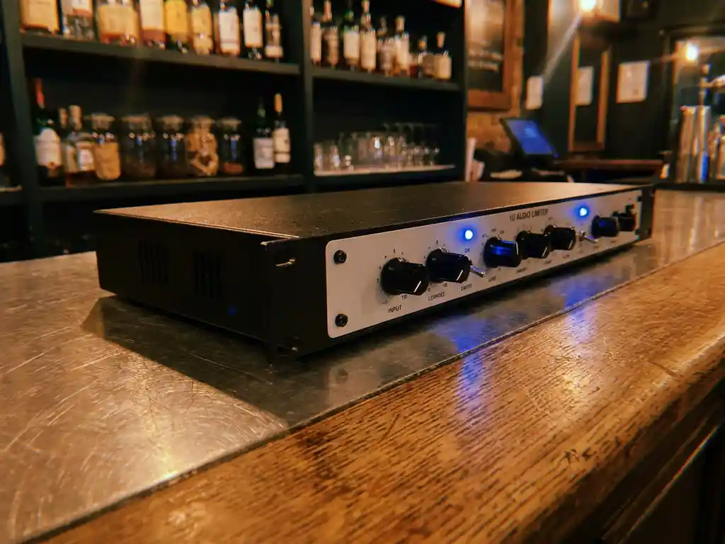 1U rack-mount audiolimiter op een verweerde eiken bardisk, verlicht door warm amberkleurig publicht met zachtblauwe LED-indicatoren.