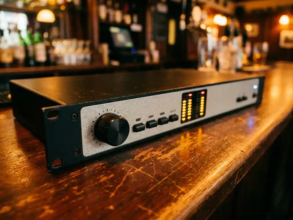 1U rack-mount audio limiter met zwart front panel, grote regelknop en LED-indicatoren, op een verweerde houten bardtoog.