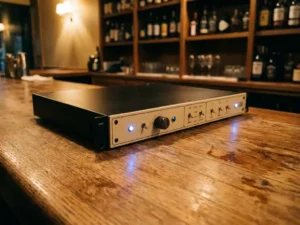 1U rack-mount audiolimiter op een eiken bardek, verlicht door warm amberkleurig publicht met zwak blauwe LED-indicatoren.