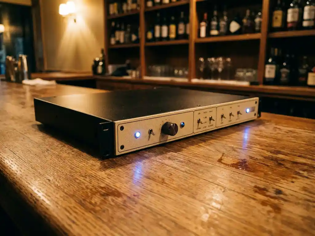 1U rack-mount audiolimiter op een eiken bardek, verlicht door warm amberkleurig publicht met zwak blauwe LED-indicatoren.