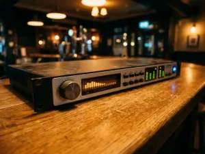 Zwarte 1U rack-mount audiolimiter met spectrum analyzer, draaiknop en LED-meters op een verweerde eiken bardisk in een sfeervol verlicht podiuminterieur.