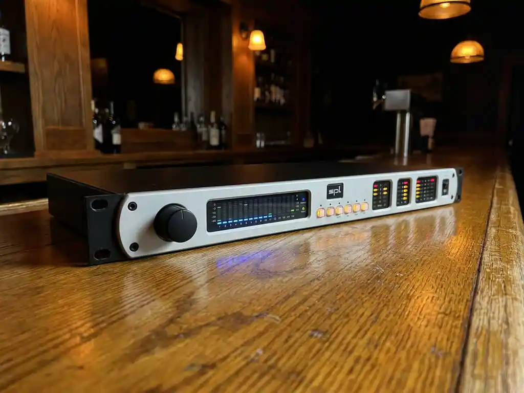 Zwarte 1U rack-mount SPL limiter met spectrum analyzer en LED-meters op warm eiken oppervlak in een sfeervolle, dimly lit bar.