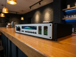 Zwarte 1U rack-mount SPL limiter met LED-meters en spectrumanalyzer op een eikenhouten barkroonbalk in een sfeervolle café.