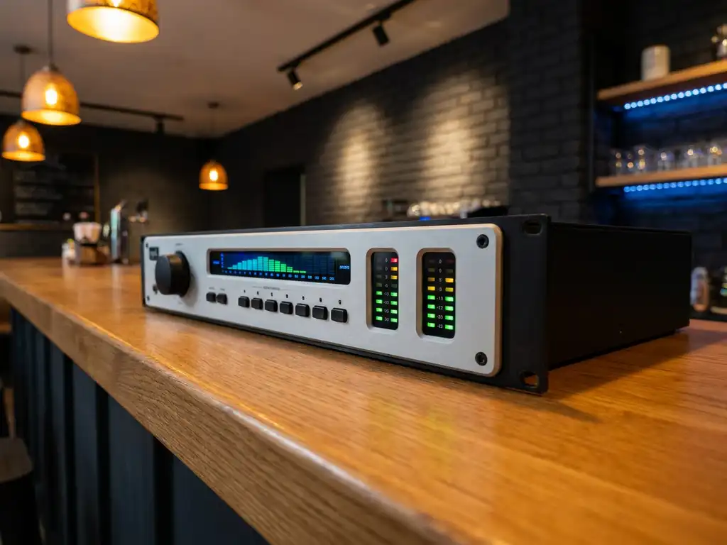 Zwarte 1U rack-mount SPL limiter met LED-meters en spectrumanalyzer op een eikenhouten barkroonbalk in een sfeervolle café.