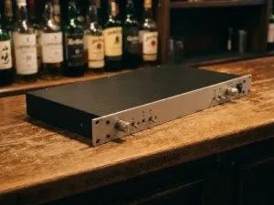 Zwarte 1U rack-unit met lichtgrijs frontpaneel op een verweerde eiken bartafel, warm amberkleurig pubverlichting op geborsteld metaal.