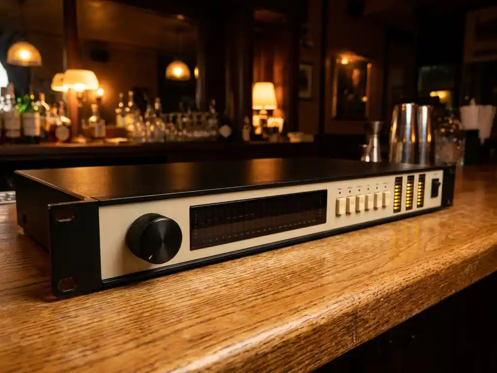 Zwarte 1U rack-unit met beige frontpaneel op eiken tafelblad, met draaiknop, spectrumweergave en LED-meters in warm barambiant.