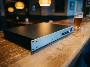 1U rack-unit met lichtgrijs frontpaneel op een eiken barkroonk, blauwe en groene LED-indicatoren, onscherp bierglas op de achtergrond.