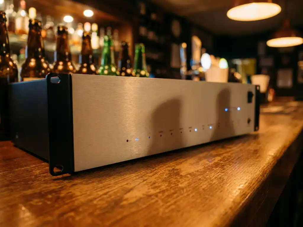 Zwart 1U rack-unit met lichtgrijs frontpaneel op een eikenhouten bartafel, blauwe LED-indicatoren, warme pub-verlichting op de geborstelde metalen behuizing.
