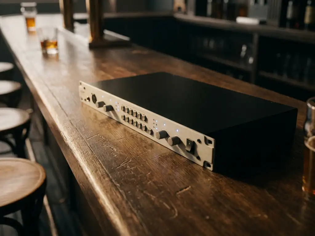 Zwarte 1U rack-unit met lichtgrijs frontpaneel op een eiken bartafel, blauwe LED-indicatoren oplichtend in zacht dramatisch zijlicht.