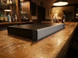 Zwarte 1U rack-unit met lichtgrijze frontpaneel op een verweerd eiken bartafel, met zachtblauwe LED-indicatoren in warm pub-licht.