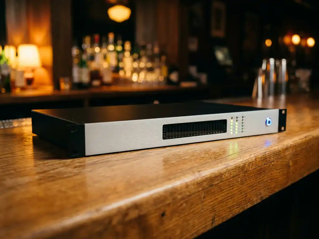 Zwarte 1U rack-unit met lichtgrijze frontplaat op eiken oppervlak, blauwe LED-indicator en verlichte meterkolommen in een bar.