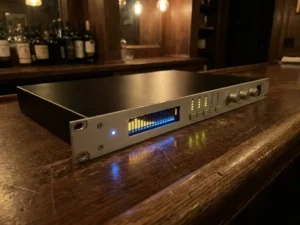Zwarte 1U rack-unit met lichtgrijs frontpaneel op een eiken bardek, met gloeiend spectrumscherm en LED-clusters in warm pub-licht.