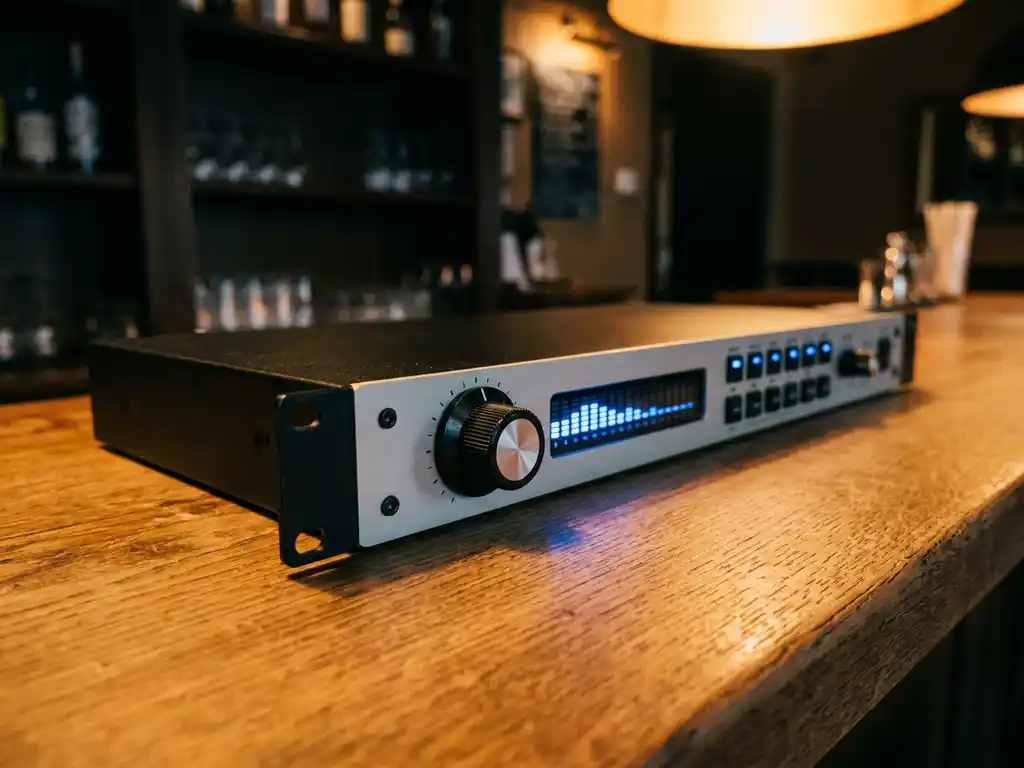 Zwarte 1U rack-unit met roterende knop en spectrumanalysator display, liggend op eiken houten oppervlak in sfeervolle barverlichting.