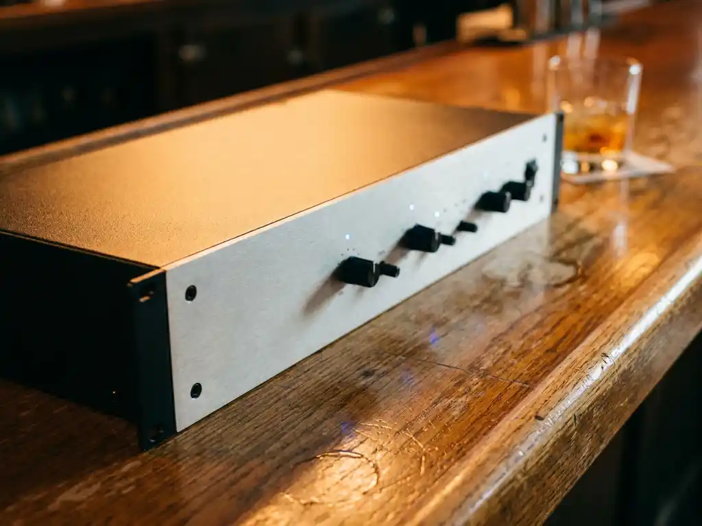 1U rack unit met lichtgrijs frontpaneel op een eiken bartafel, blauwe LED-indicatoren oplichtend in warm amberkleurig publicht.