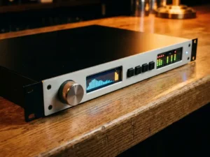 1U rack-mount audiolimiter met spectrum analyzer en LED-meters, rustend op een eikenhouten bartafel in warm sfeerverlichting.