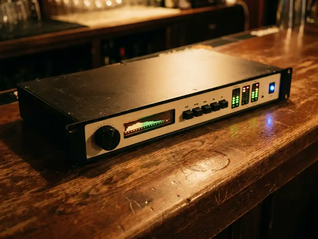 1U rack-mount audiolimiter met spectrumanalyzer en blauwe LED op een versleten eikenhouten bardek in een sfeervolle venue.