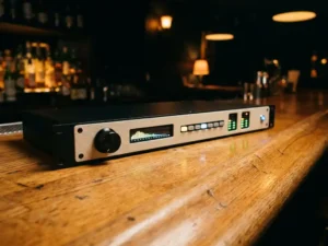 1U rack-mount audiolimiter met zwart front, grote regelknop, spectrumanalyserdisplay en LED-meters op een eiken houten oppervlak in een bar.