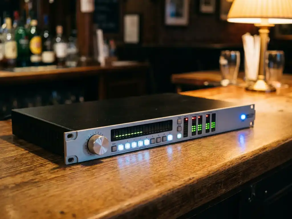 Zwarte 1U rack-mount audiolimiter met draaiknop, spectrumanalyzer en blauwe LED op warm eikenhouten oppervlak in een bar.