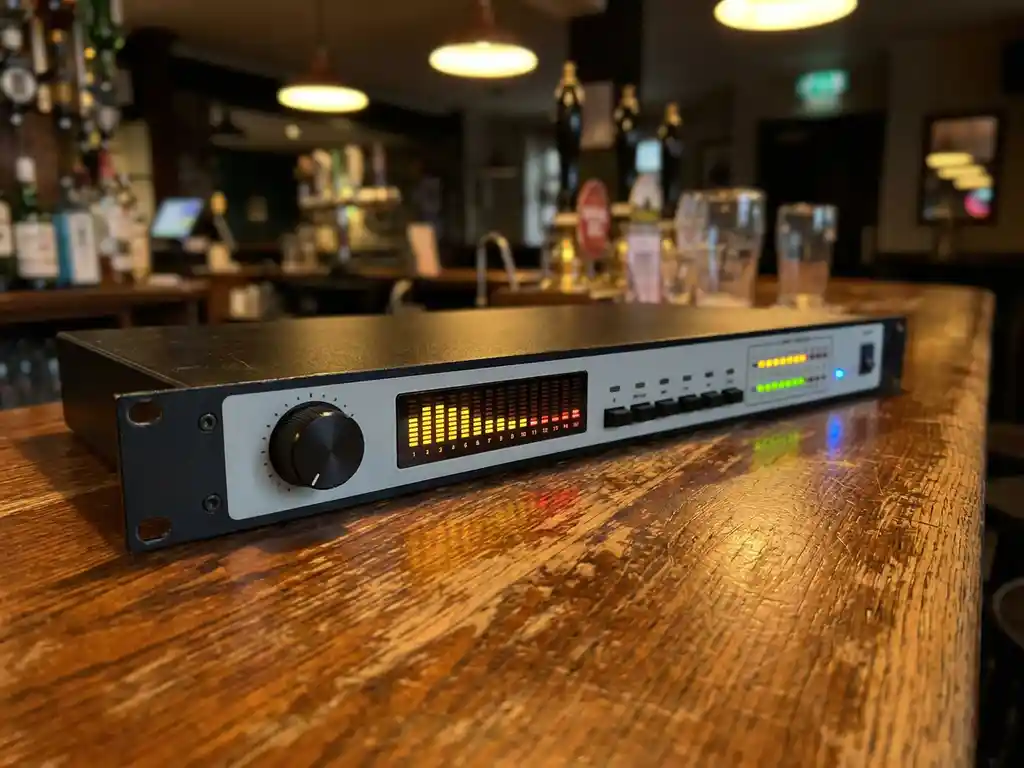 1U rack-mount audio limiter met spectrum analyzer, draaiknoppen en LED-meters op een versleten eiken bardek in warm pub-licht.